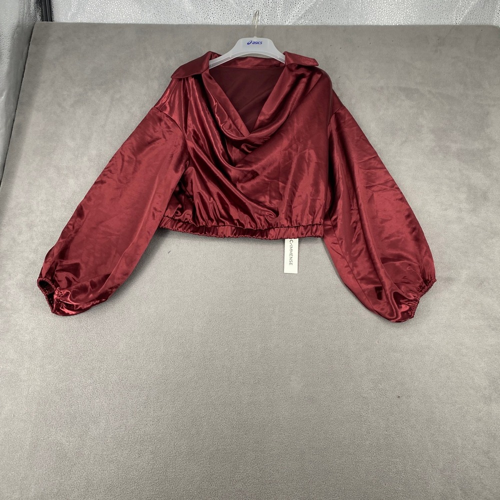Commense Burgundy Satin Cowl Neck Cropped Blouse Long Sleeve Elastic Hem Large